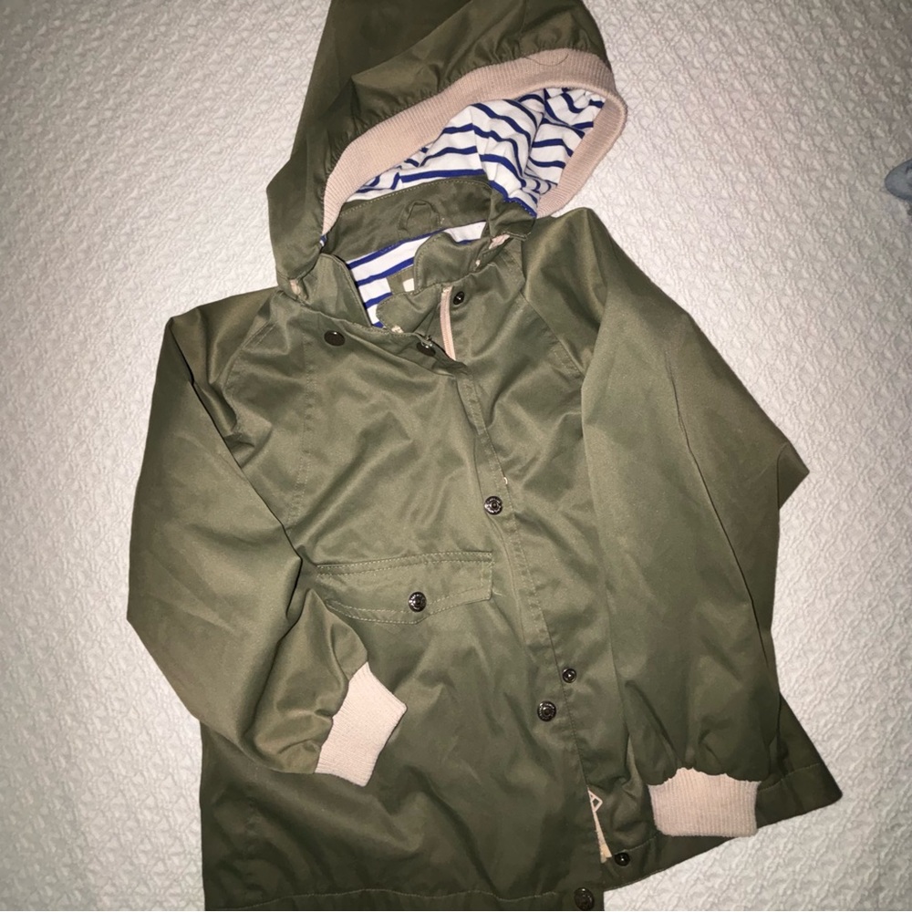 Meanbear girl 6/7 olive green hooded royal blue white stripe jersey lined jacket